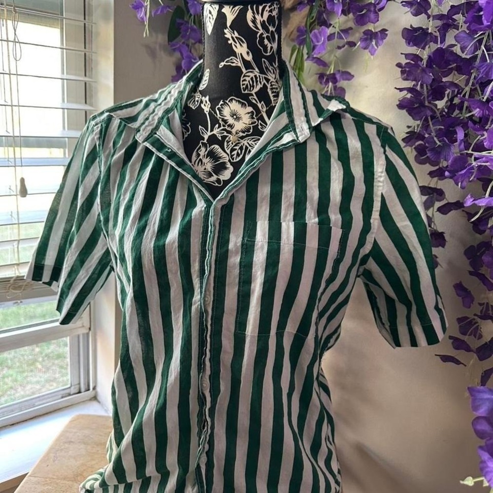 H&M Green White Striped Button Up Shirt Size S Oversized Collared